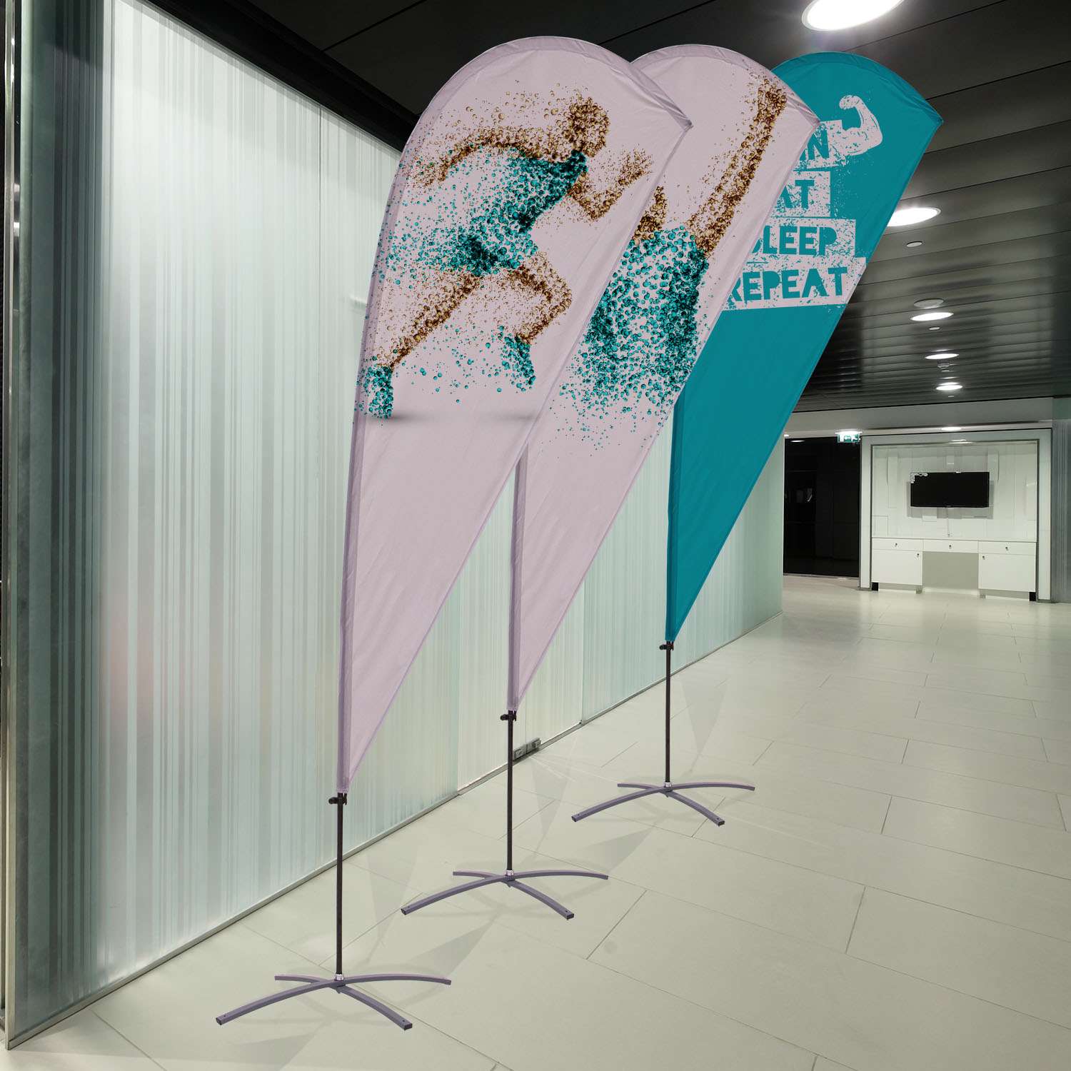 Custom promotional flags displayed indoors